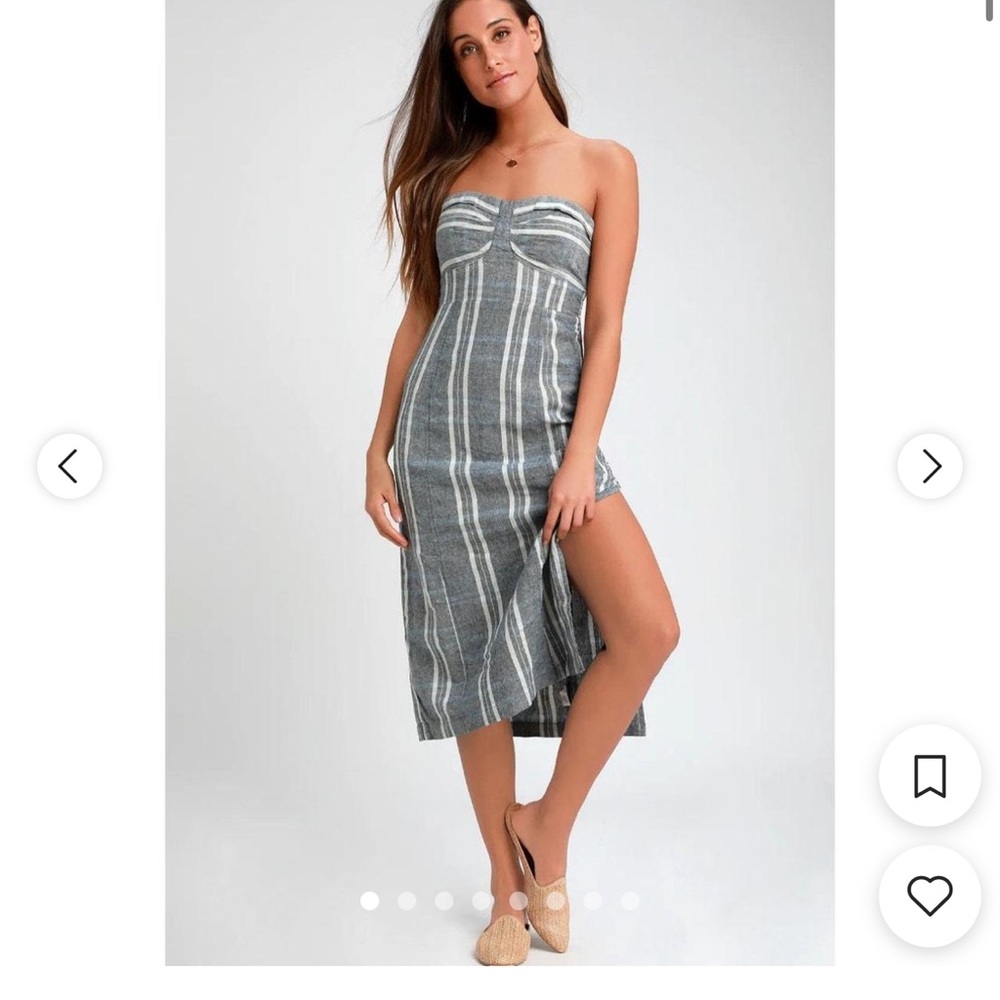 Free People Life Like This Blue Plaid Strapless Midi Dress XS linen side slit